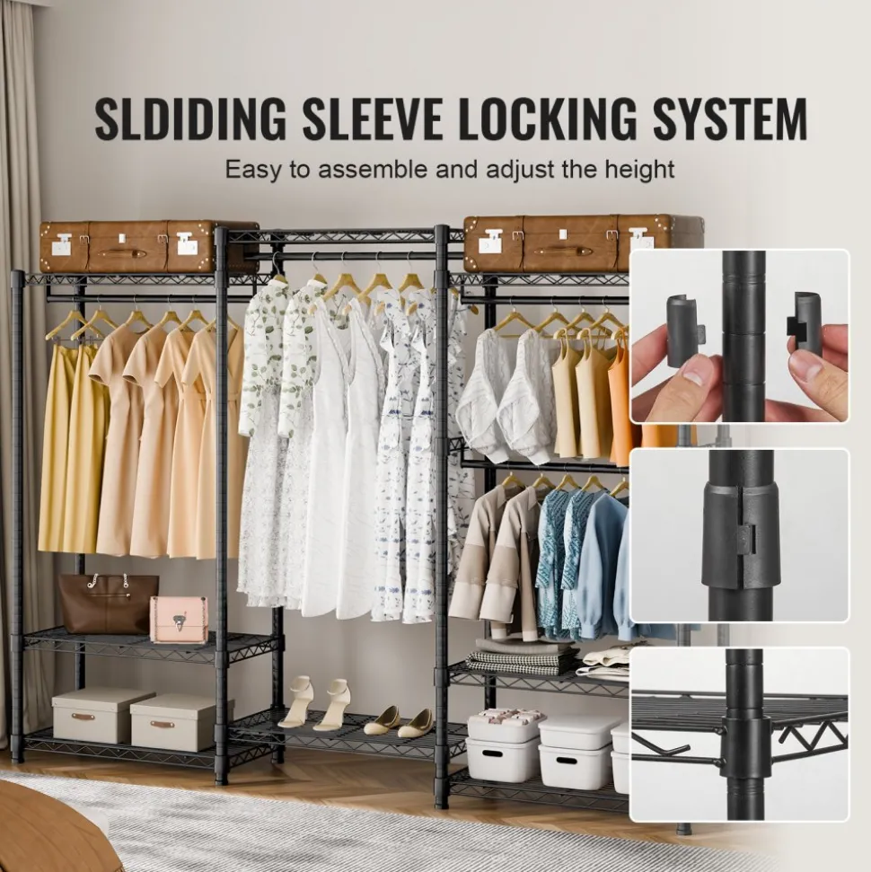 VEVOR Heavy Duty Clothes Rack, Rolling Clothing Garment Rack with 4 Hang Rods & 8 Storage Tiers, Adjustable Custom Closet Rack, Freestanding Wardrobe for Hanging Clothes, 800 lbs Load Capacity