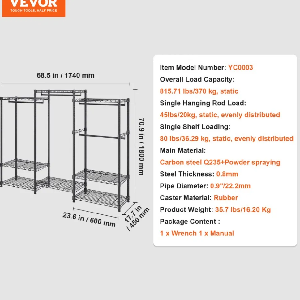 VEVOR Heavy Duty Clothes Rack, Rolling Clothing Garment Rack with 4 Hang Rods & 8 Storage Tiers, Adjustable Custom Closet Rack, Freestanding Wardrobe for Hanging Clothes, 800 lbs Load Capacity