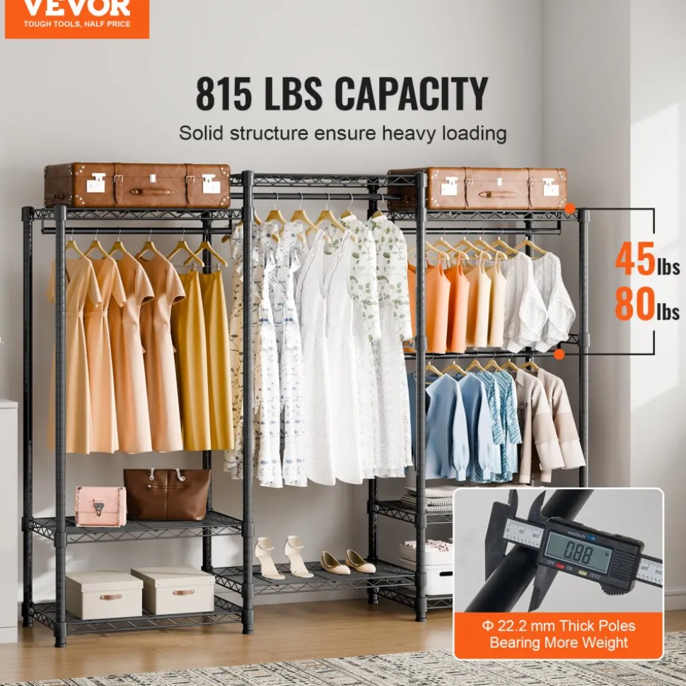 VEVOR Heavy Duty Clothes Rack, Rolling Clothing Garment Rack with 4 Hang Rods & 8 Storage Tiers, Adjustable Custom Closet Rack, Freestanding Wardrobe for Hanging Clothes, 800 lbs Load Capacity