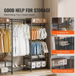 VEVOR Heavy Duty Clothes Rack, Rolling Clothing Garment Rack with 4 Hang Rods & 8 Storage Tiers, Adjustable Custom Closet Rack, Freestanding Wardrobe for Hanging Clothes, 800 lbs Load Capacity