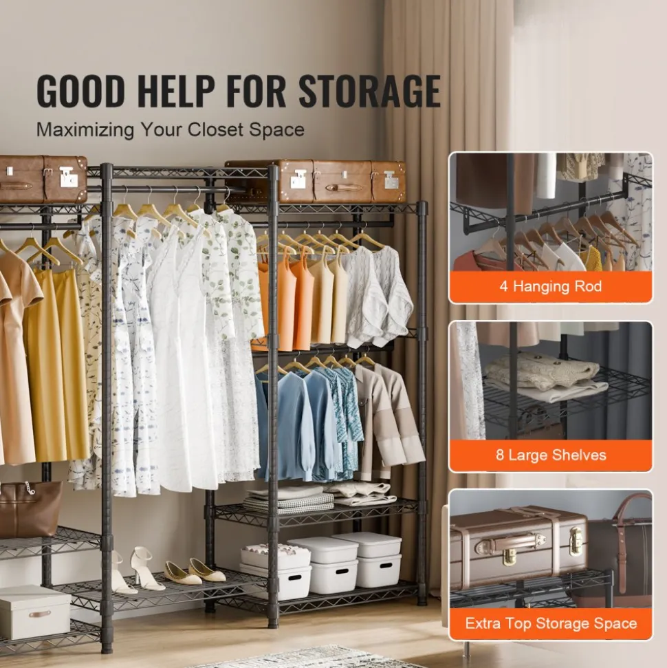 VEVOR Heavy Duty Clothes Rack, Rolling Clothing Garment Rack with 4 Hang Rods & 8 Storage Tiers, Adjustable Custom Closet Rack, Freestanding Wardrobe for Hanging Clothes, 800 lbs Load Capacity