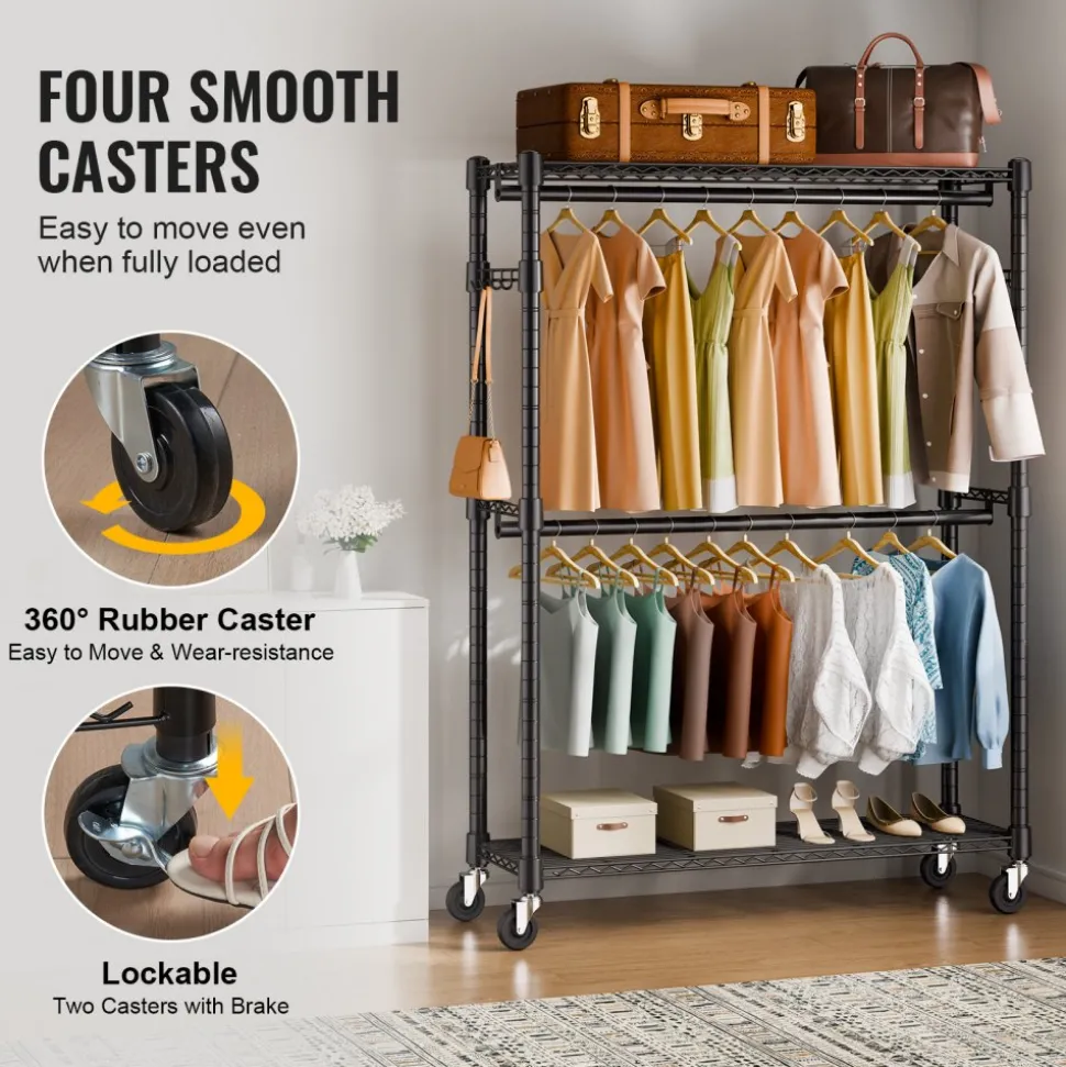 VEVOR Heavy Duty Clothes Rack, Rolling Clothing Garment Rack with 3 Storage Tiers, 2 Rods and 2 Pairs Side Hooks, Adjustable Height Clothing Rack Closet for Hanging Clothes, 400 Lbs Load Capacity