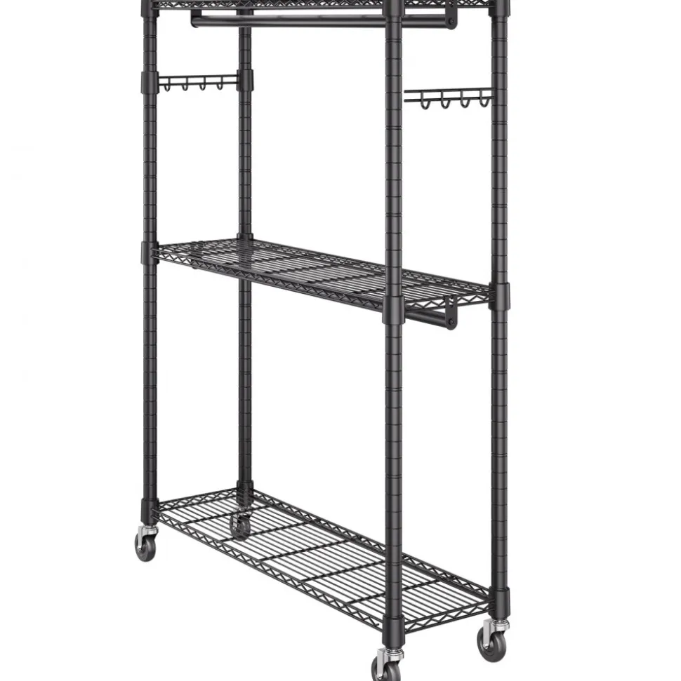 VEVOR Heavy Duty Clothes Rack, Rolling Clothing Garment Rack with 3 Storage Tiers, 2 Rods and 2 Pairs Side Hooks, Adjustable Height Clothing Rack Closet for Hanging Clothes, 400 Lbs Load Capacity