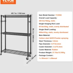 VEVOR Heavy Duty Clothes Rack, Rolling Clothing Garment Rack with 3 Storage Tiers, 2 Rods and 2 Pairs Side Hooks, Adjustable Height Clothing Rack Closet for Hanging Clothes, 400 Lbs Load Capacity