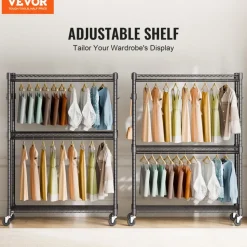 VEVOR Heavy Duty Clothes Rack, Rolling Clothing Garment Rack with 3 Storage Tiers, 2 Rods and 2 Pairs Side Hooks, Adjustable Height Clothing Rack Closet for Hanging Clothes, 400 Lbs Load Capacity