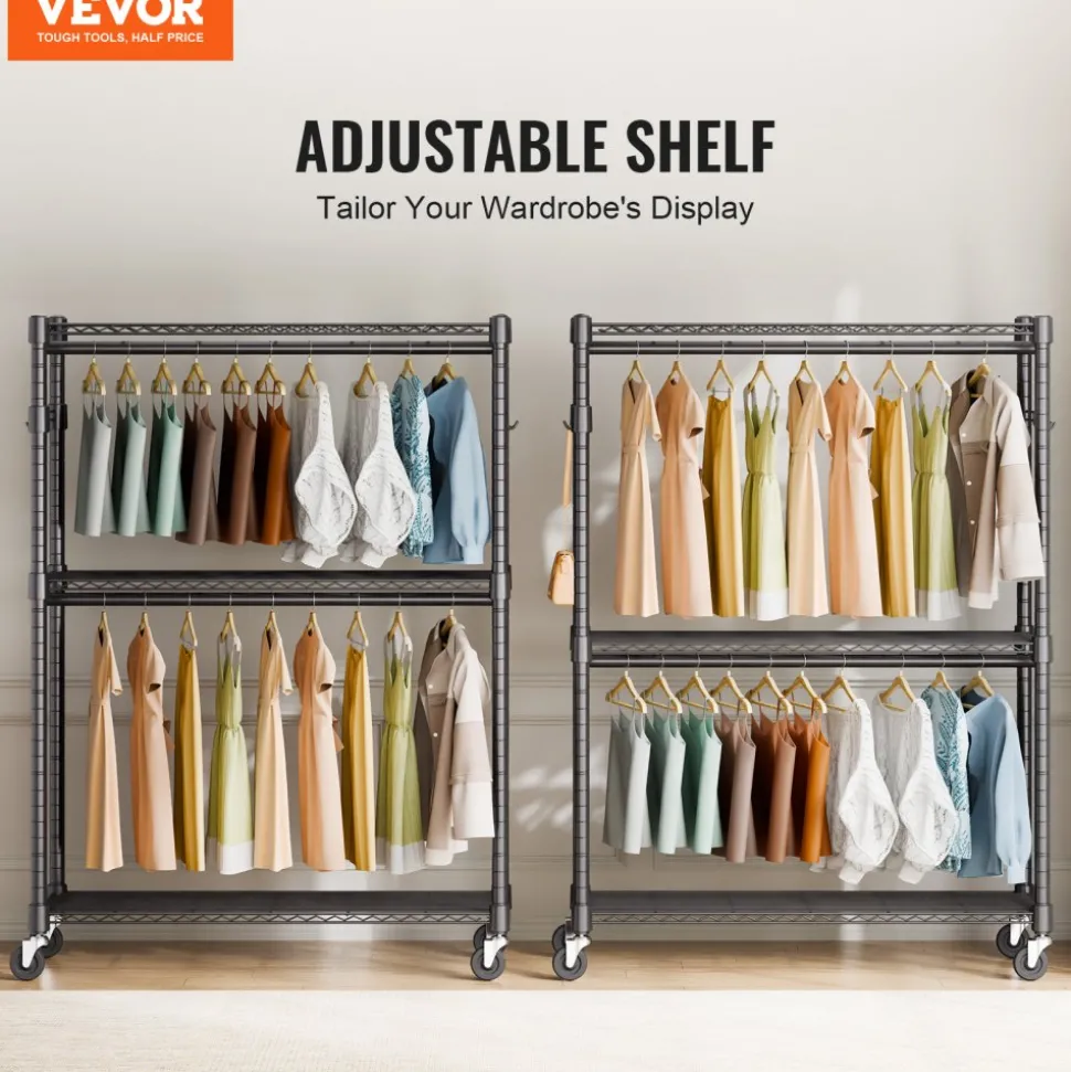 VEVOR Heavy Duty Clothes Rack, Rolling Clothing Garment Rack with 3 Storage Tiers, 2 Rods and 2 Pairs Side Hooks, Adjustable Height Clothing Rack Closet for Hanging Clothes, 400 Lbs Load Capacity