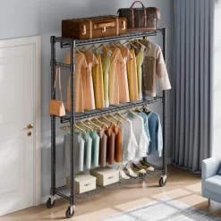 VEVOR Heavy Duty Clothes Rack, Rolling Clothing Garment Rack with 3 Storage Tiers, 2 Rods and 2 Pairs Side Hooks, Adjustable Height Clothing Rack Closet for Hanging Clothes, 400 Lbs Load Capacity