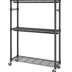 VEVOR Heavy Duty Clothes Rack, Rolling Clothing Garment Rack with 3 Storage Tiers, 2 Rods and 2 Pairs Side Hooks, Adjustable Height Clothing Rack Closet for Hanging Clothes, 400 Lbs Load Capacity