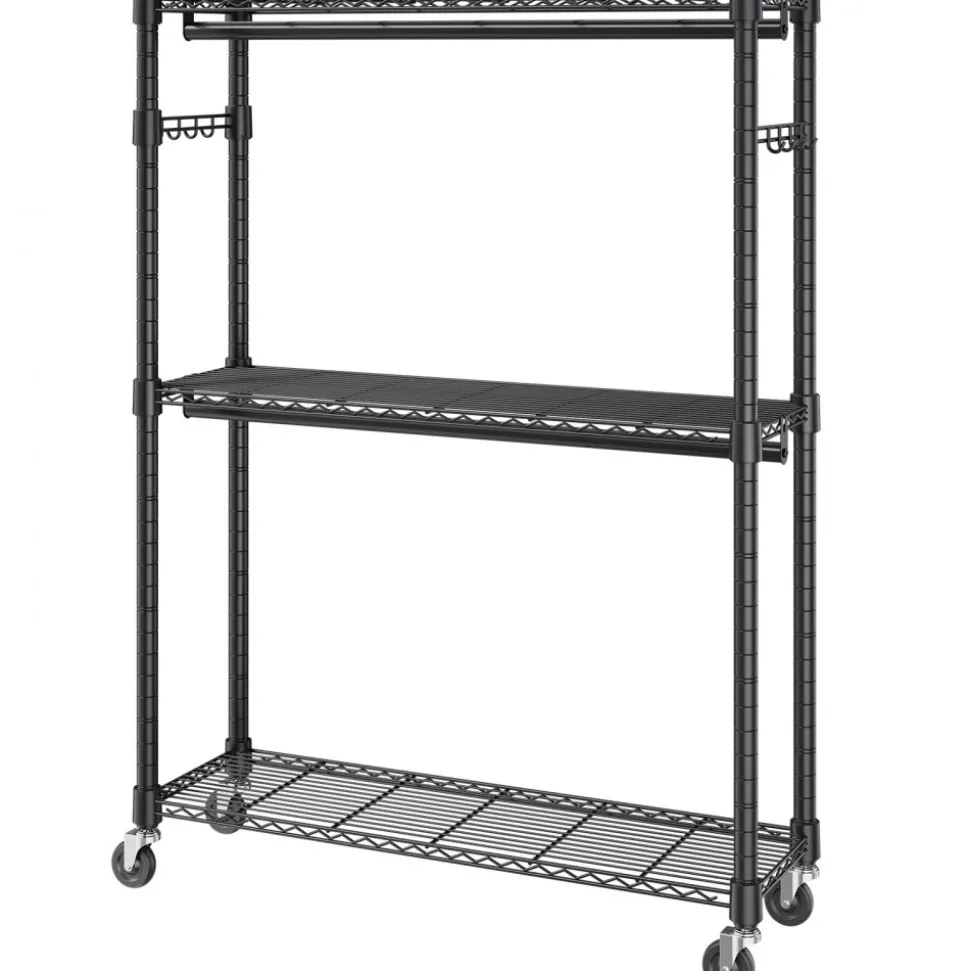 VEVOR Heavy Duty Clothes Rack, Rolling Clothing Garment Rack with 3 Storage Tiers, 2 Rods and 2 Pairs Side Hooks, Adjustable Height Clothing Rack Closet for Hanging Clothes, 400 Lbs Load Capacity