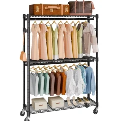 VEVOR Heavy Duty Clothes Rack, Rolling Clothing Garment Rack with 3 Storage Tiers, 2 Rods and 2 Pairs Side Hooks, Adjustable Height Clothing Rack Closet for Hanging Clothes, 400 Lbs Load Capacity
