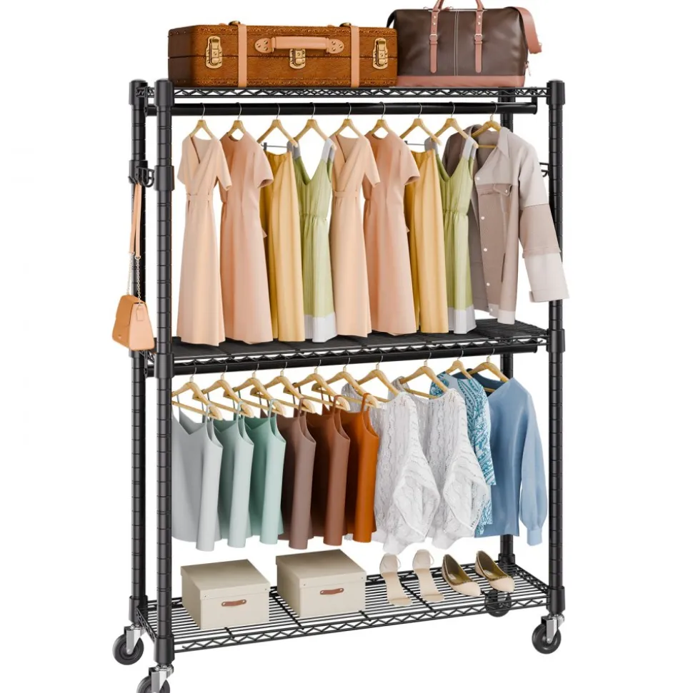 VEVOR Heavy Duty Clothes Rack, Rolling Clothing Garment Rack with 3 Storage Tiers, 2 Rods and 2 Pairs Side Hooks, Adjustable Height Clothing Rack Closet for Hanging Clothes, 400 Lbs Load Capacity