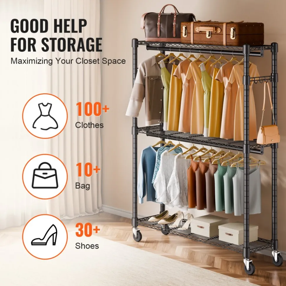 VEVOR Heavy Duty Clothes Rack, Rolling Clothing Garment Rack with 3 Storage Tiers, 2 Rods and 2 Pairs Side Hooks, Adjustable Height Clothing Rack Closet for Hanging Clothes, 400 Lbs Load Capacity