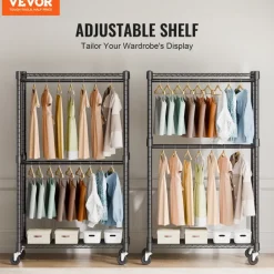 VEVOR Heavy Duty Clothes Rack, Double Hanging Rods Clothing Garment Rack with Bottom and Top Storage Tier, Rolling Clothing Rack for Hanging Clothes, 1'' Diameter Thicken Steel Tube Hold Up to 300Lbs
