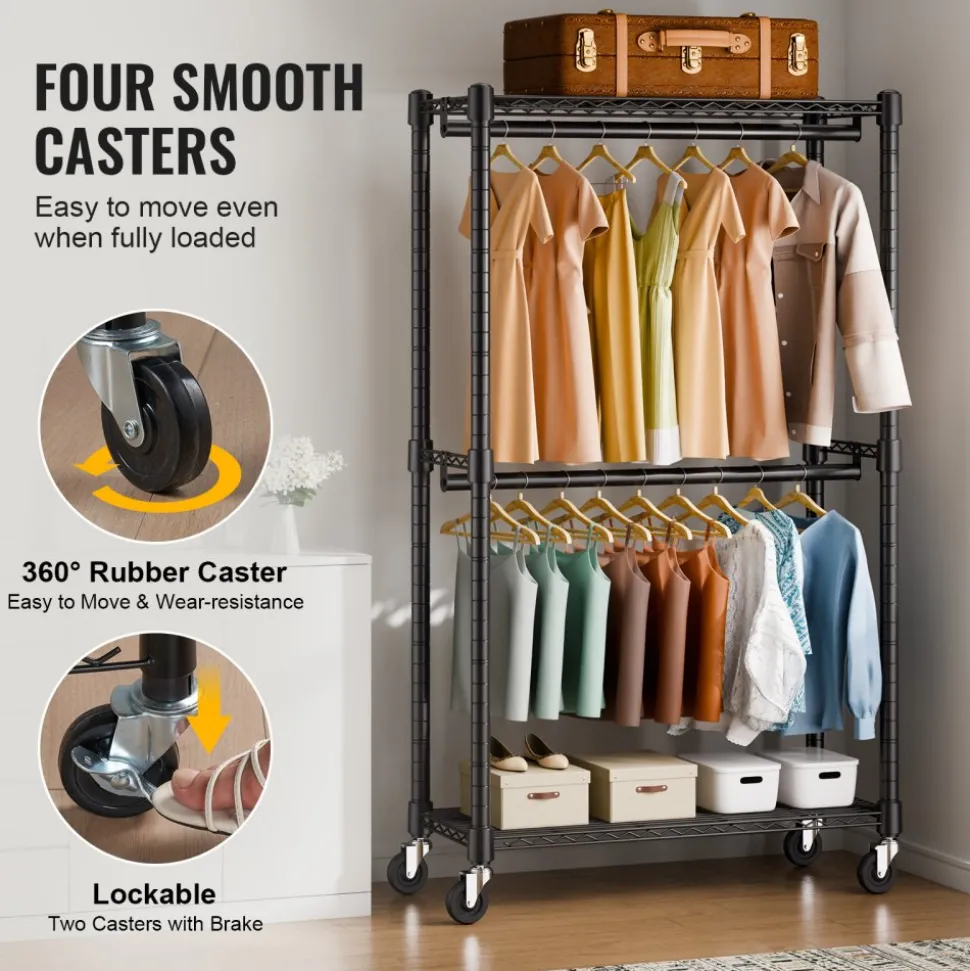 VEVOR Heavy Duty Clothes Rack, Double Hanging Rods Clothing Garment Rack with Bottom and Top Storage Tier, Rolling Clothing Rack for Hanging Clothes, 1'' Diameter Thicken Steel Tube Hold Up to 300Lbs