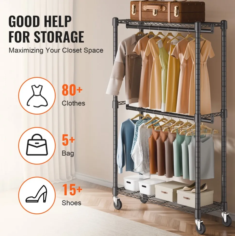 VEVOR Heavy Duty Clothes Rack, Double Hanging Rods Clothing Garment Rack with Bottom and Top Storage Tier, Rolling Clothing Rack for Hanging Clothes, 1'' Diameter Thicken Steel Tube Hold Up to 300Lbs