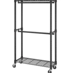 VEVOR Heavy Duty Clothes Rack, Double Hanging Rods Clothing Garment Rack with Bottom and Top Storage Tier, Rolling Clothing Rack for Hanging Clothes, 1'' Diameter Thicken Steel Tube Hold Up to 300Lbs