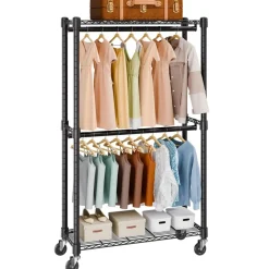 VEVOR Heavy Duty Clothes Rack, Double Hanging Rods Clothing Garment Rack with Bottom and Top Storage Tier, Rolling Clothing Rack for Hanging Clothes, 1'' Diameter Thicken Steel Tube Hold Up to 300Lbs