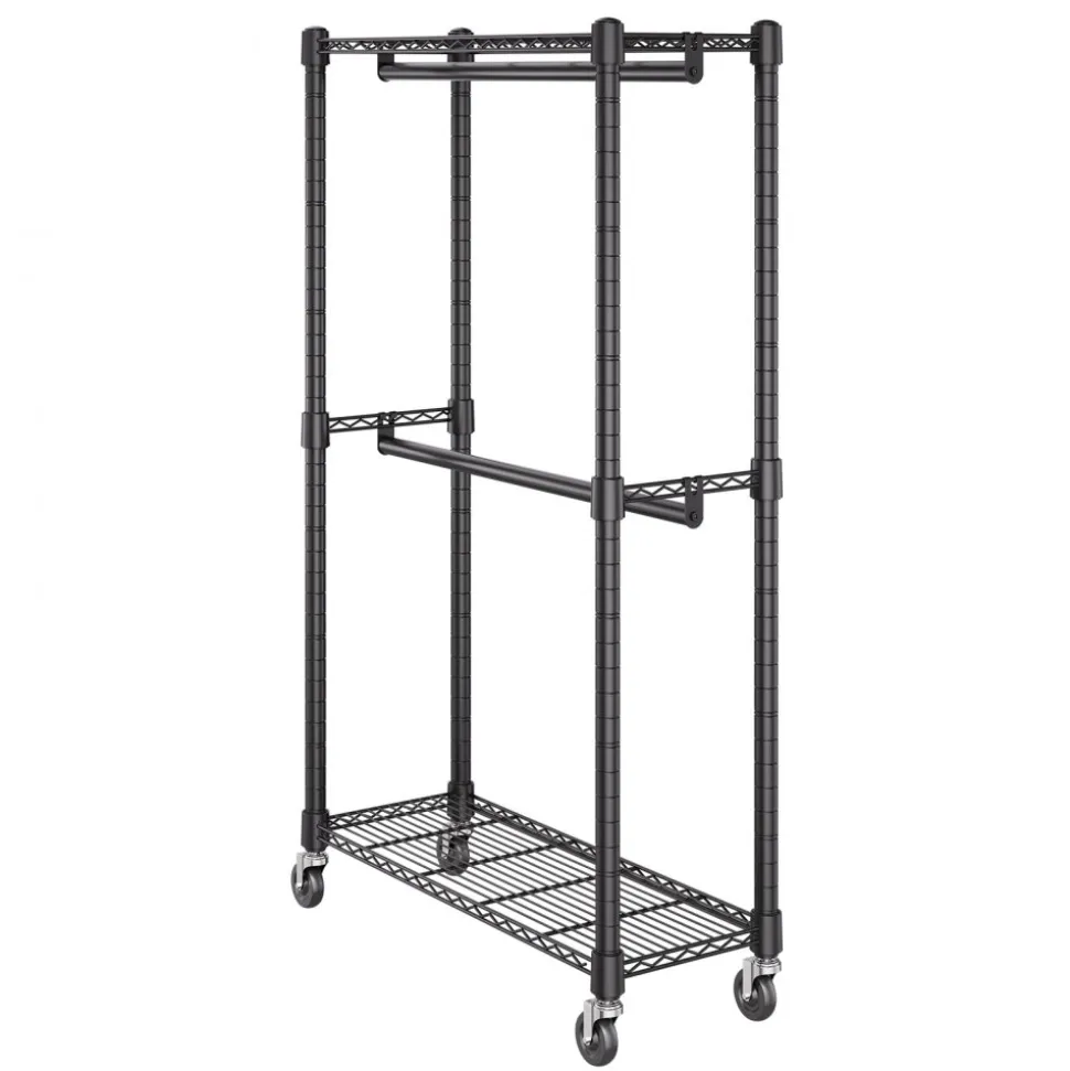 VEVOR Heavy Duty Clothes Rack, Double Hanging Rods Clothing Garment Rack with Bottom and Top Storage Tier, Rolling Clothing Rack for Hanging Clothes, 1'' Diameter Thicken Steel Tube Hold Up to 300Lbs