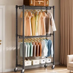 VEVOR Heavy Duty Clothes Rack, Double Hanging Rods Clothing Garment Rack with Bottom and Top Storage Tier, Rolling Clothing Rack for Hanging Clothes, 1'' Diameter Thicken Steel Tube Hold Up to 300Lbs