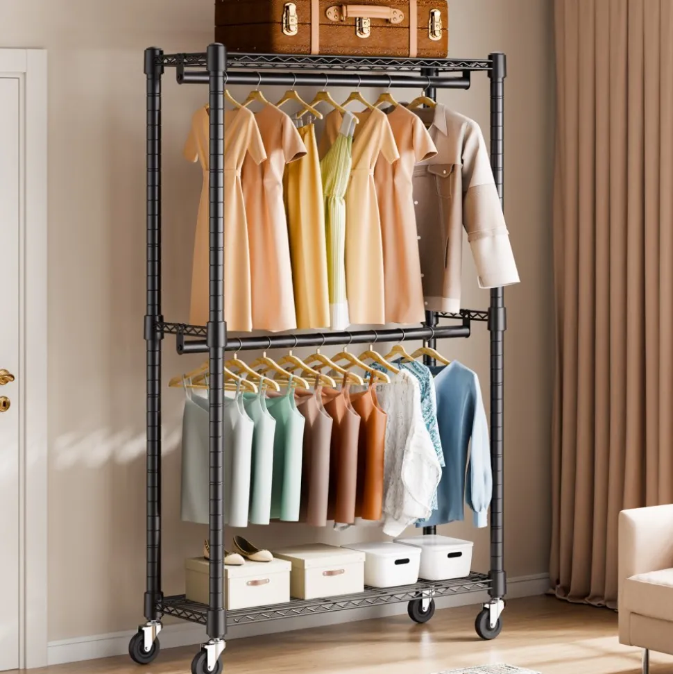 VEVOR Heavy Duty Clothes Rack, Double Hanging Rods Clothing Garment Rack with Bottom and Top Storage Tier, Rolling Clothing Rack for Hanging Clothes, 1'' Diameter Thicken Steel Tube Hold Up to 300Lbs