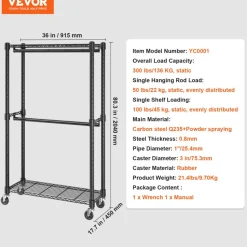 VEVOR Heavy Duty Clothes Rack, Double Hanging Rods Clothing Garment Rack with Bottom and Top Storage Tier, Rolling Clothing Rack for Hanging Clothes, 1'' Diameter Thicken Steel Tube Hold Up to 300Lbs