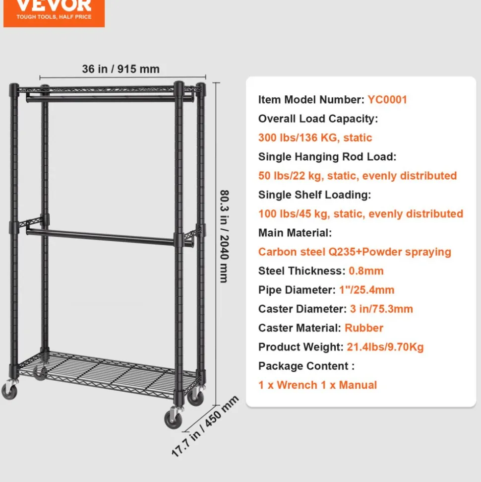 VEVOR Heavy Duty Clothes Rack, Double Hanging Rods Clothing Garment Rack with Bottom and Top Storage Tier, Rolling Clothing Rack for Hanging Clothes, 1'' Diameter Thicken Steel Tube Hold Up to 300Lbs