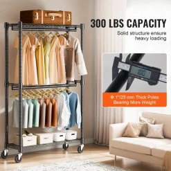 VEVOR Heavy Duty Clothes Rack, Double Hanging Rods Clothing Garment Rack with Bottom and Top Storage Tier, Rolling Clothing Rack for Hanging Clothes, 1'' Diameter Thicken Steel Tube Hold Up to 300Lbs