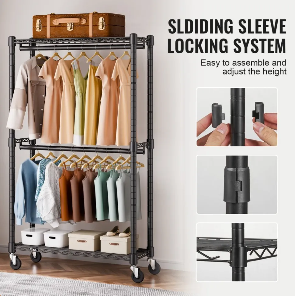 VEVOR Heavy Duty Clothes Rack, Double Hanging Rods Clothing Garment Rack with Bottom and Top Storage Tier, Rolling Clothing Rack for Hanging Clothes, 1'' Diameter Thicken Steel Tube Hold Up to 300Lbs