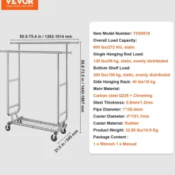 VEVOR Heavy Duty Clothes Rack, Double Hanging Rod Clothing Garment Rack for Hanging Clothes, Adjustable Height and Extendable Length Clothing Rack with Bottom Storage Area, 600 lbs Load Capacity