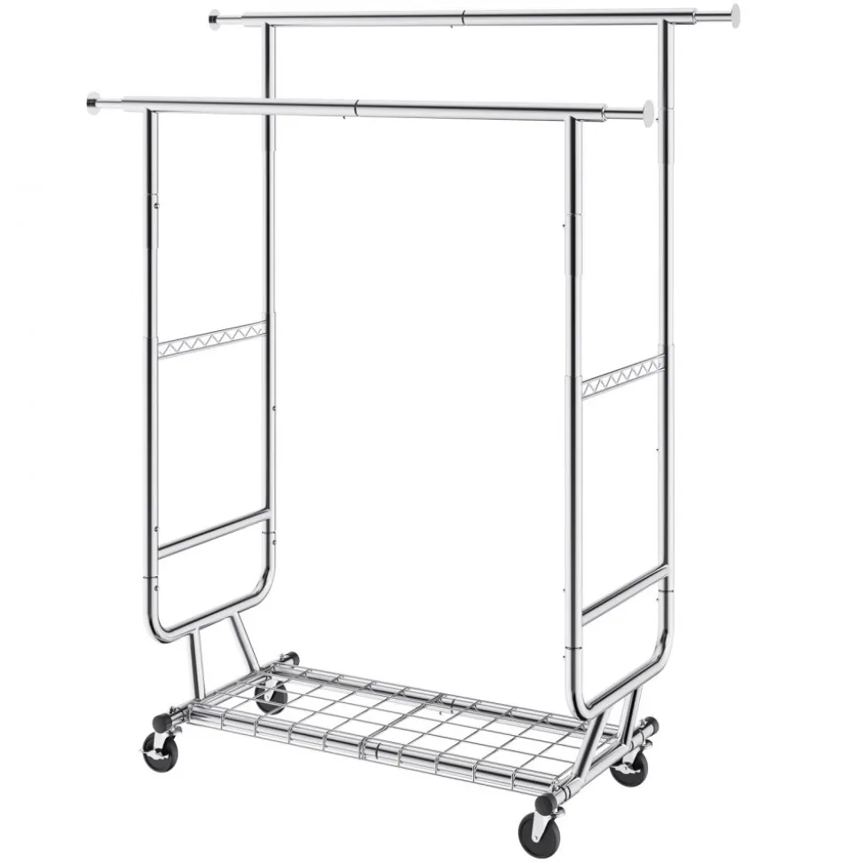 VEVOR Heavy Duty Clothes Rack, Double Hanging Rod Clothing Garment Rack for Hanging Clothes, Adjustable Height and Extendable Length Clothing Rack with Bottom Storage Area, 600 lbs Load Capacity
