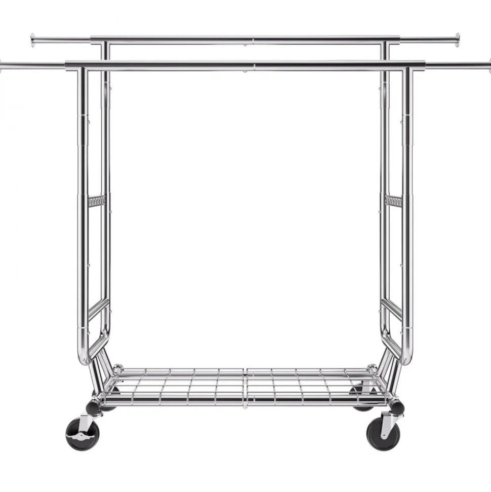 VEVOR Heavy Duty Clothes Rack, Double Hanging Rod Clothing Garment Rack for Hanging Clothes, Adjustable Height and Extendable Length Clothing Rack with Bottom Storage Area, 600 lbs Load Capacity