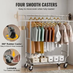 VEVOR Heavy Duty Clothes Rack, Double Hanging Rod Clothing Garment Rack for Hanging Clothes, Adjustable Height and Extendable Length Clothing Rack with Bottom Storage Area, 600 lbs Load Capacity