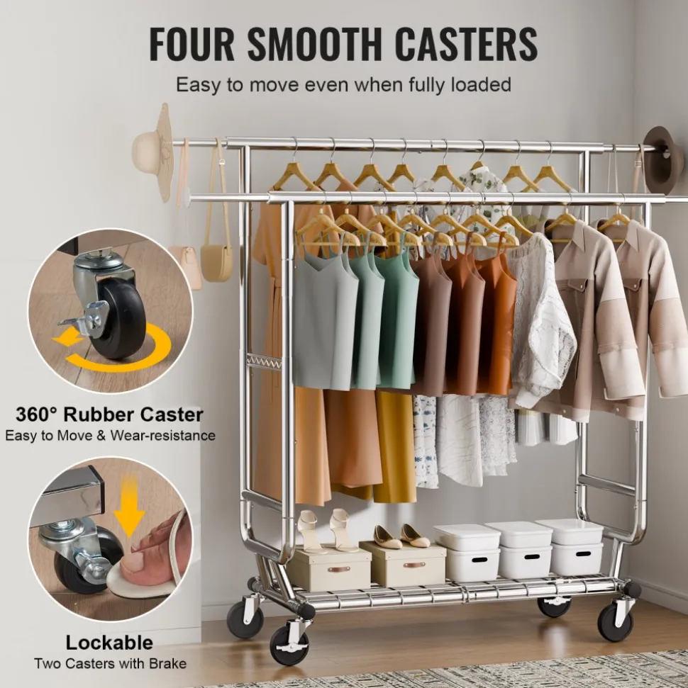VEVOR Heavy Duty Clothes Rack, Double Hanging Rod Clothing Garment Rack for Hanging Clothes, Adjustable Height and Extendable Length Clothing Rack with Bottom Storage Area, 600 lbs Load Capacity