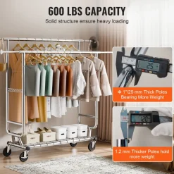VEVOR Heavy Duty Clothes Rack, Double Hanging Rod Clothing Garment Rack for Hanging Clothes, Adjustable Height and Extendable Length Clothing Rack with Bottom Storage Area, 600 lbs Load Capacity