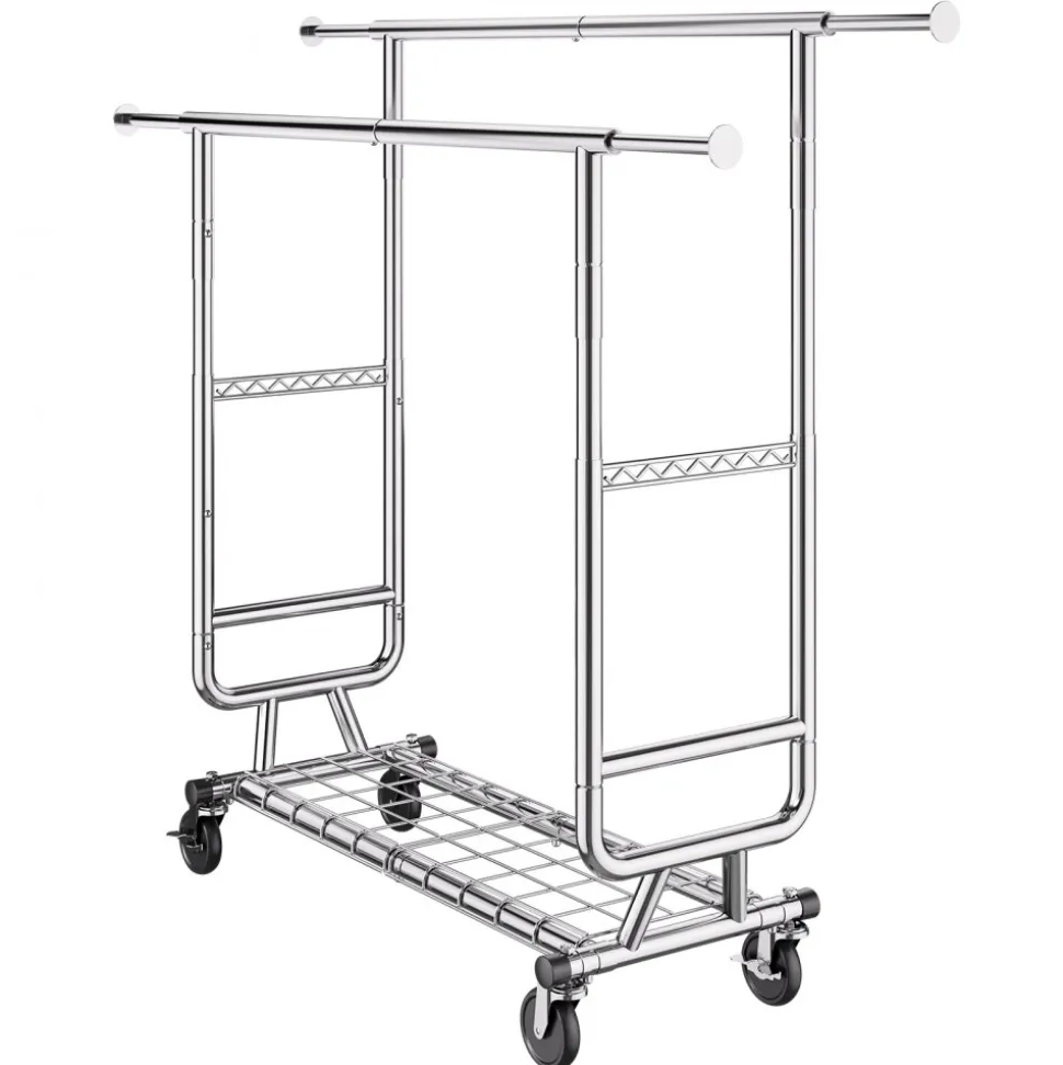 VEVOR Heavy Duty Clothes Rack, Double Hanging Rod Clothing Garment Rack for Hanging Clothes, Adjustable Height and Extendable Length Clothing Rack with Bottom Storage Area, 600 lbs Load Capacity