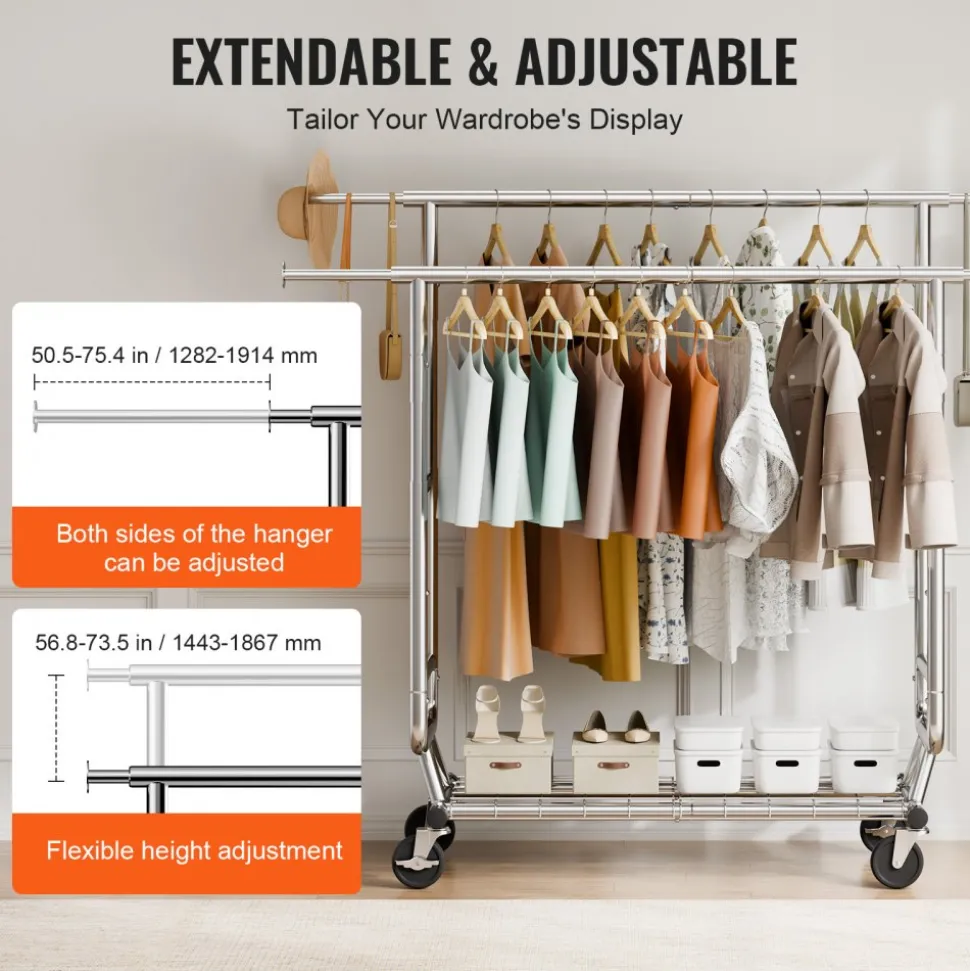 VEVOR Heavy Duty Clothes Rack, Double Hanging Rod Clothing Garment Rack for Hanging Clothes, Adjustable Height and Extendable Length Clothing Rack with Bottom Storage Area, 600 lbs Load Capacity