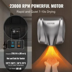 VEVOR Heavy Duty Commercial Hand Dryer, 1300W Automatic High Speed Stainless Steel Warm Wind Hand Blower, 120V Plug In/Hardwired Two Power Options, Compliant for Industry Business Restrooms
