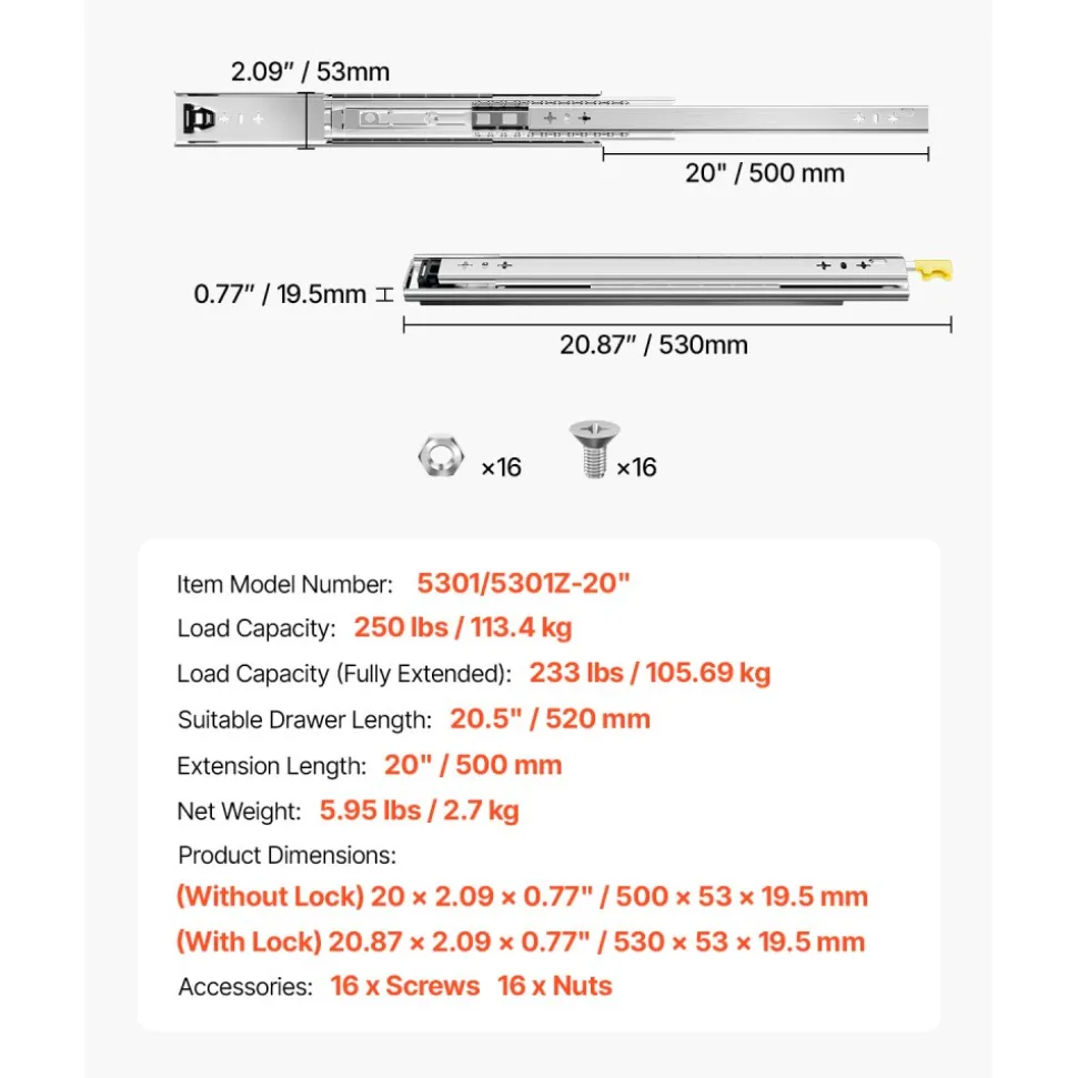 VEVOR Heavy Duty Drawer Slides 20inch, 1 Pair Locking Drawer Slides 250lbs Load Capacity, Side Mount Ball Bearing, 3-Fold Full Extension
