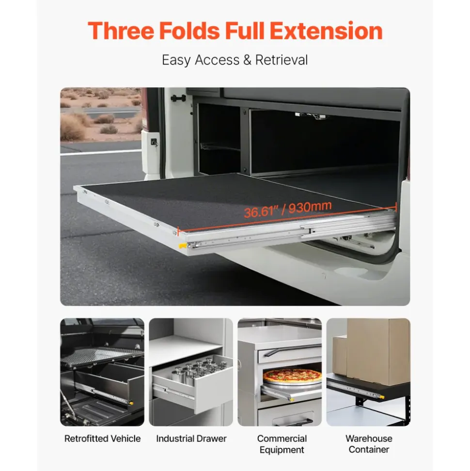 VEVOR Heavy Duty Drawer Slides 36inch, 1 Pair Locking Drawer Slides 250lbs Load Capacity, Side Mount Ball Bearing, 3-Fold Full Extension