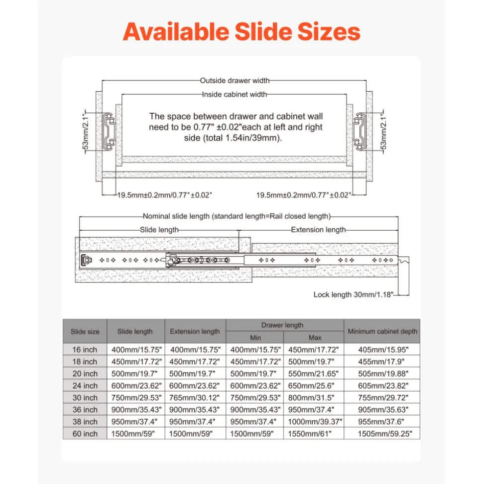 VEVOR Heavy Duty Drawer Slides 36inch, 1 Pair Locking Drawer Slides 250lbs Load Capacity, Side Mount Ball Bearing, 3-Fold Full Extension