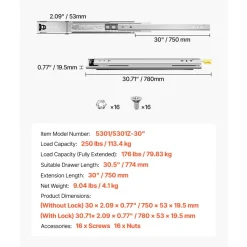 VEVOR Heavy Duty Drawer Slides 30inch, 1 Pair Locking Drawer Slides 250lbs Load Capacity, Side Mount Ball Bearing, 3-Fold Full Extension