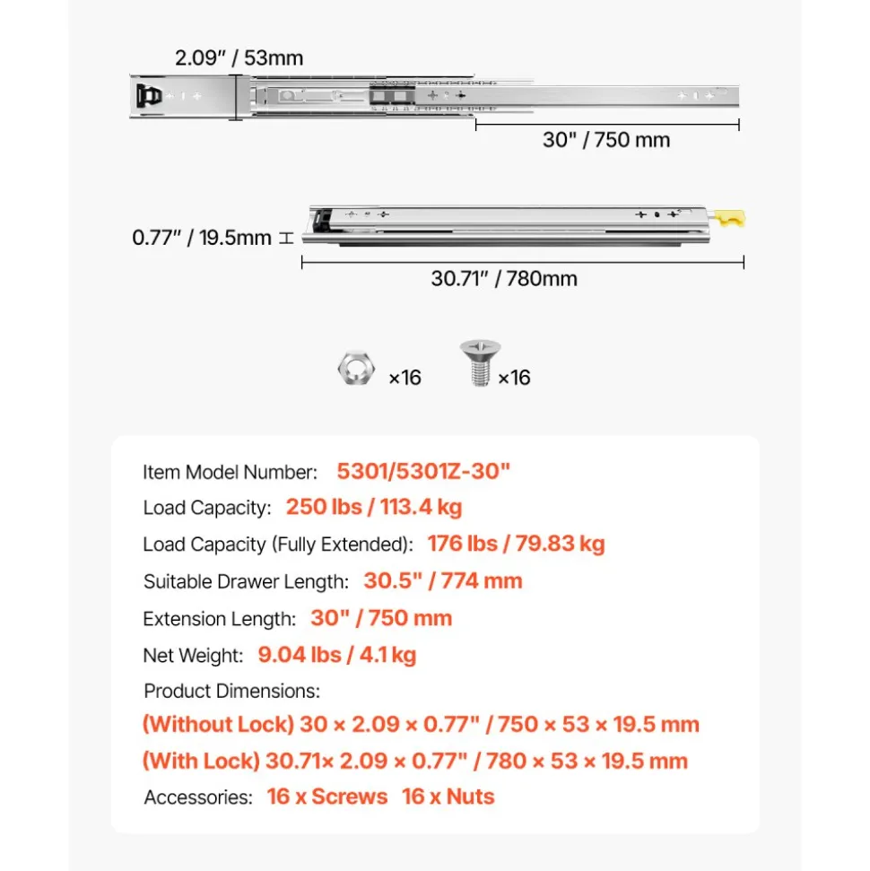 VEVOR Heavy Duty Drawer Slides 30inch, 1 Pair Locking Drawer Slides 250lbs Load Capacity, Side Mount Ball Bearing, 3-Fold Full Extension