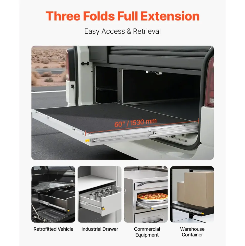 VEVOR Heavy Duty Drawer Slides 60inch, 1 Pair Locking Drawer Slides 250lbs Load Capacity, Side Mount Ball Bearing, 3-Fold Full Extension