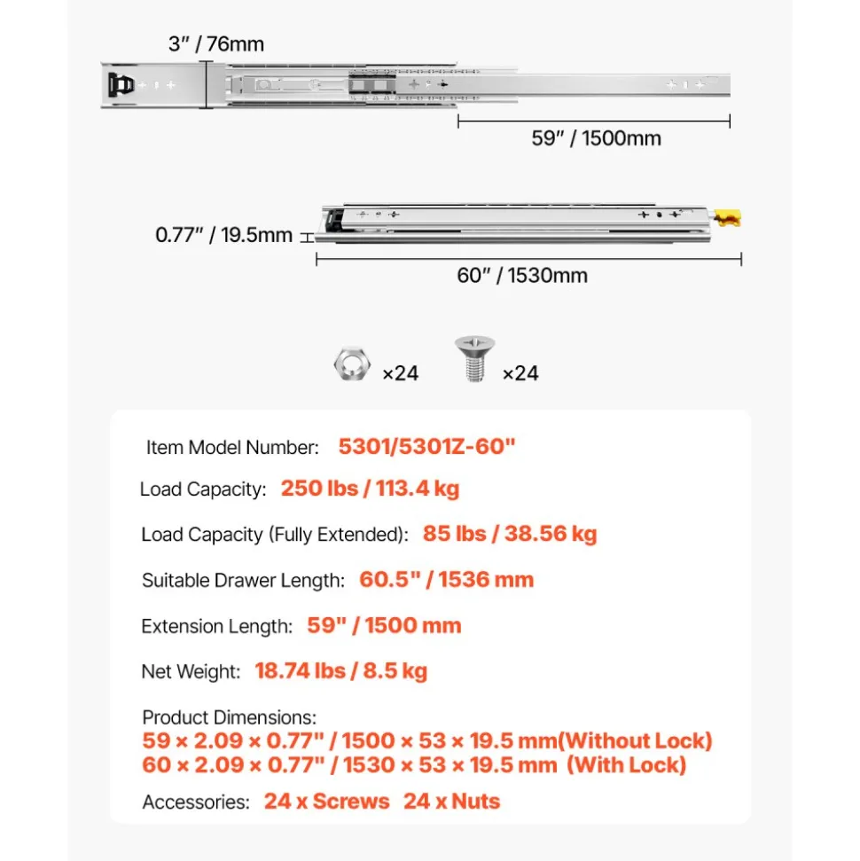 VEVOR Heavy Duty Drawer Slides 60inch, 1 Pair Locking Drawer Slides 250lbs Load Capacity, Side Mount Ball Bearing, 3-Fold Full Extension