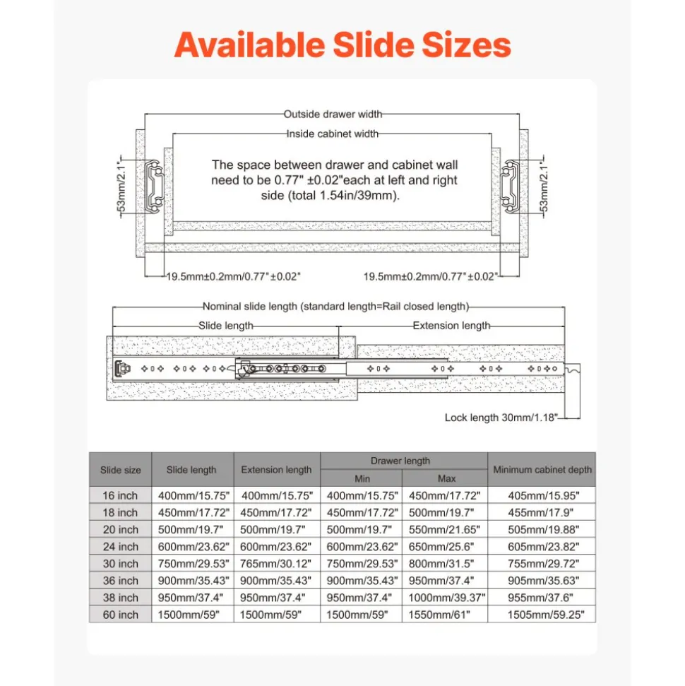 VEVOR Heavy Duty Drawer Slides 24inch, 1 Pair Locking Drawer Slides 250lbs Load Capacity, Side Mount Ball Bearing, 3-Fold Full Extension