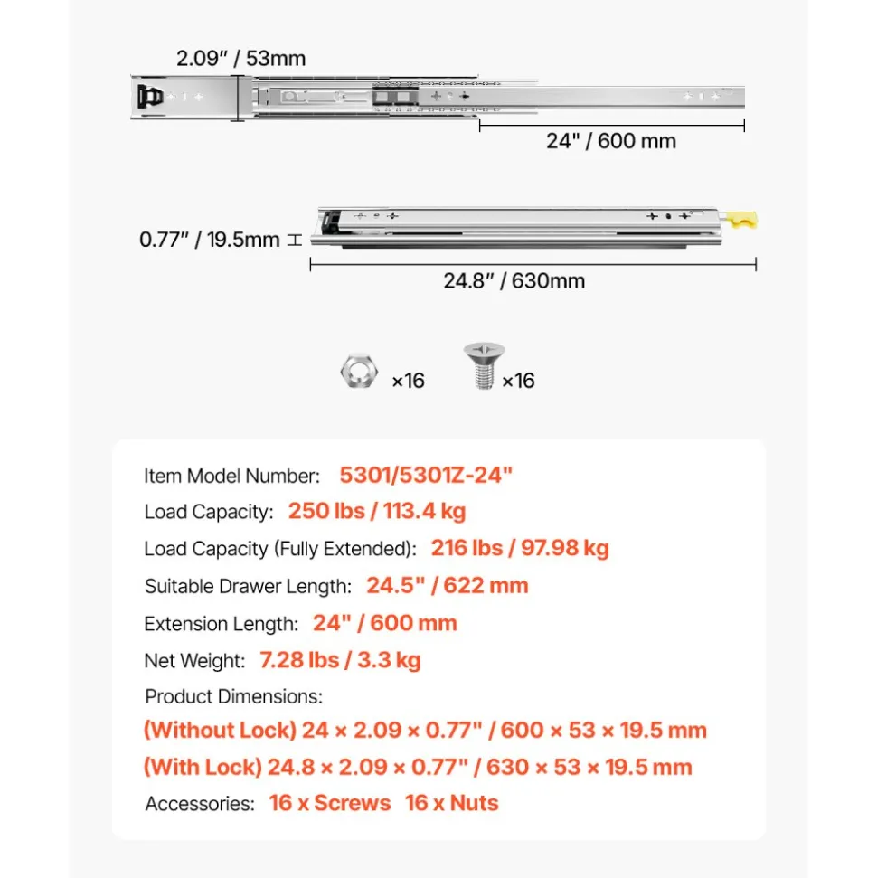 VEVOR Heavy Duty Drawer Slides 24inch, 1 Pair Locking Drawer Slides 250lbs Load Capacity, Side Mount Ball Bearing, 3-Fold Full Extension