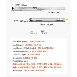 VEVOR Heavy Duty Drawer Slides 18inch, 1 Pair Locking Drawer Slides 250lbs Load Capacity, Side Mount Ball Bearing, 3-Fold Full Extension