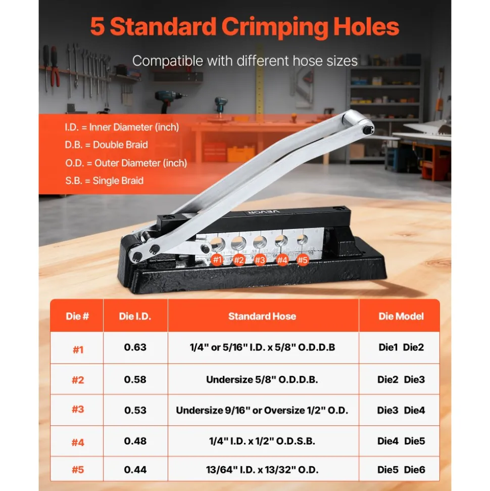 VEVOR Heavy Duty Ferrule Hose Crimper, Standard Bench Hose Crimping Tool with 100pcs Ferrules (0.593" & 0.625" ID), 0.44"-0.63" Crimping Range for PVC, Rubber & Air Hoses, Torch Hoses Repair Kit