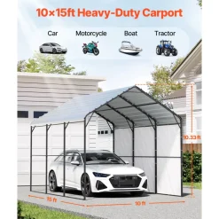 VEVOR Heavy Duty Metal Carport, 10' x 15' Outdoor Carport with Galvanized Steel Frame & Roof, Car Tent Garage Shade with Removable Sidewalls, Multi-Use Car Shelter for Pickup, Boat, Car & Tractors