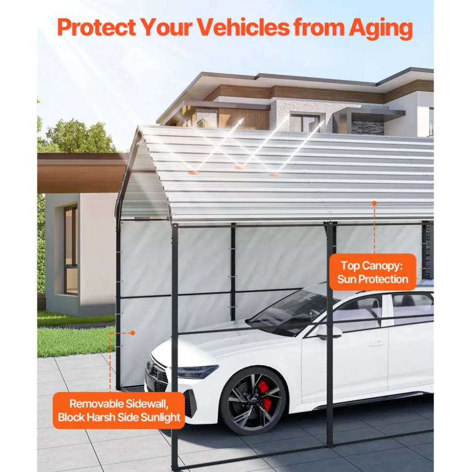 VEVOR Heavy Duty Metal Carport, 10' x 15' Outdoor Carport with Galvanized Steel Frame & Roof, Car Tent Garage Shade with Removable Sidewalls, Multi-Use Car Shelter for Pickup, Boat, Car & Tractors